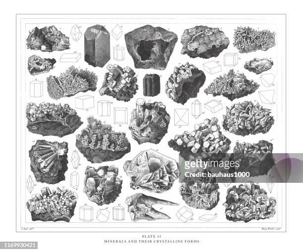 minerals and their crystalline forms engraving antique illustration, published 1851 - topaz stock illustrations