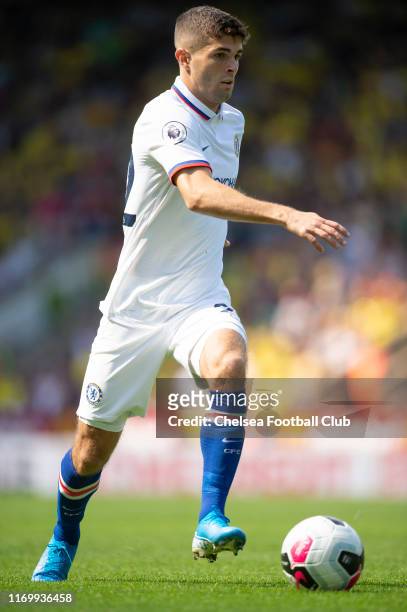 Christian Pulisic of Chelsea in action during the Premier League match between Norwich City and Chelsea FC at Carrow Road on August 24, 2019 in...