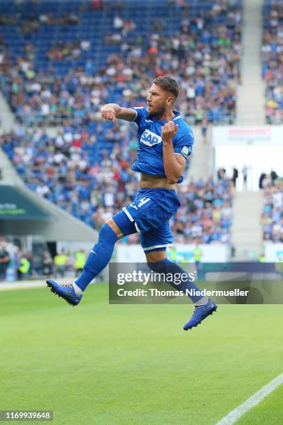 Ermin Bicakcic of Hoffenheim celebrates his goal during the Bundesliga match between TSG 1899 Hoffenheim and SV Werder Bremen at PreZero-Arena on...