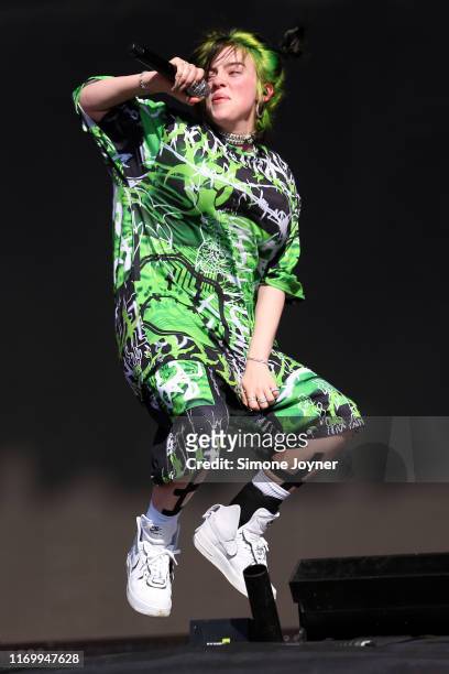 Billie Eilish performs live on the Main Stage during day two of Reading Festival 2019 at Richfield Avenue on August 24, 2019 in Reading, England.