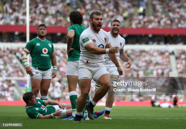 Luke Cowan-Dickie of England celebrates after scoring a try during the Quilter International match between England and Ireland at Twickenham Stadium...