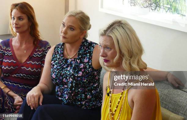 Victims of Jeffrey Epstein, from left, Sarah Ransome, Virginia Roberts Giuffre, and Marijke Chartouni talk about their abuse by Jeffrey Epstein and...