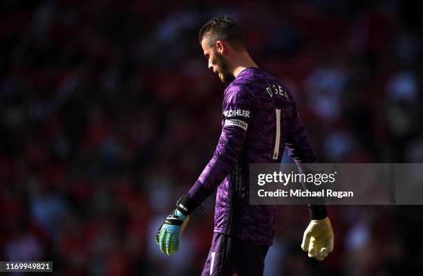 David De Gea of Manchester United reacts during the Premier League match between Manchester United and Crystal Palace at Old Trafford on August 24,...