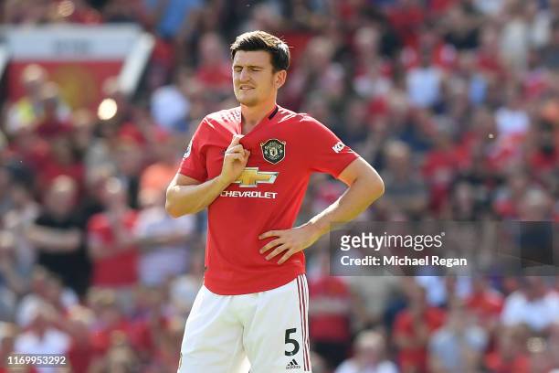 Harry Maguire of Manchester United looks dejected during the Premier League match between Manchester United and Crystal Palace at Old Trafford on...