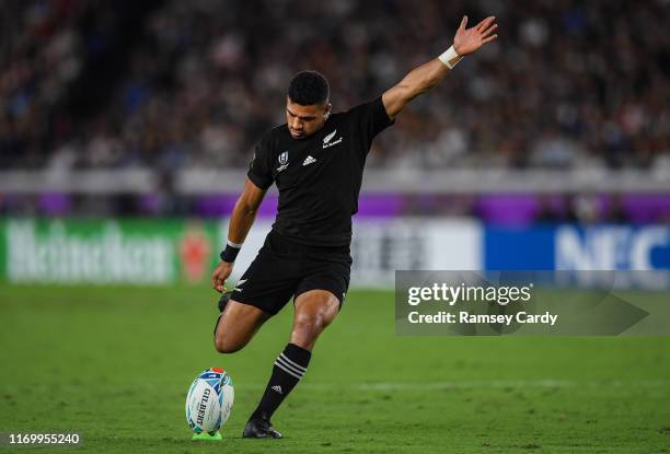 Kanagawa , Japan - 21 September 2019; Richie Mo'unga of New Zealand kicks a conversion for his side during the 2019 Rugby World Cup Pool B match...
