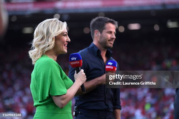 Kelly Cates and Jamie Redknapp present the Premier League match between Liverpool FC and Arsenal FC at Anfield on August 24, 2019 in Liverpool,...