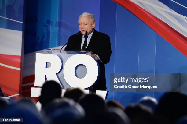 The Leader of Law and Justice Party, Jaroslaw Kaczynski delivers a speech during a campaign convention on September, 21 in Katowice, Poland. With...