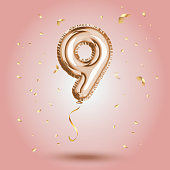 Elegant Pink Greeting celebration nine years birthday Anniversary number 9 foil gold balloon. Happy birthday, congratulations poster.   Golden numbers with sparkling golden confetti. Vector