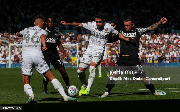 Leeds United's Pablo Hernandez takes on Derby County's Jack Marriott during the Sky Bet Championship match between Leeds United and Derby County at...