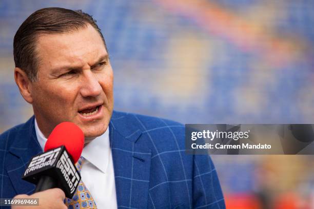 Head coach Dan Mullen of the Florida Gators speaks with reporters during the game at Ben Hill Griffin Stadium on September 21, 2019 in Gainesville,...