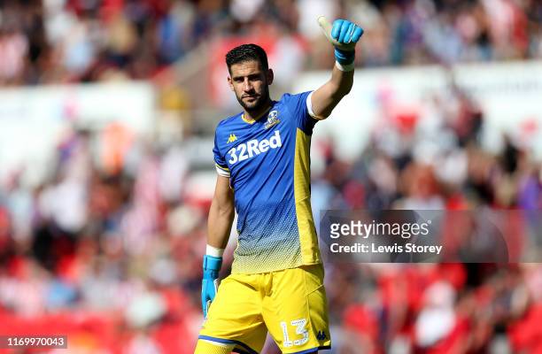 Goalkeeper Kiko Casilla of Leeds United acknowledges the fans during the Sky Bet Championship match between Stoke City and Leeds United at Bet365...