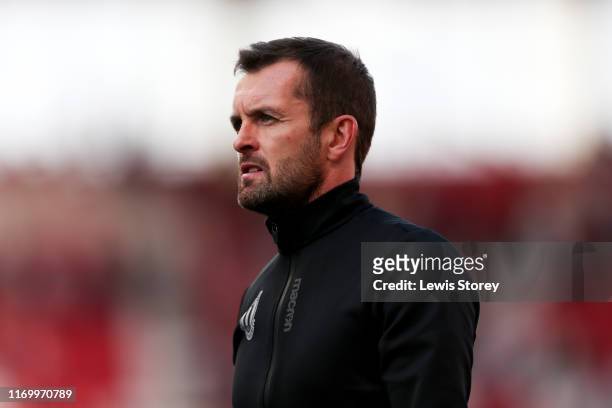 Nathan Jones manager of Stoke CIty looks on during the Sky Bet Championship match between Stoke City and Leeds United at Bet365 Stadium on August 24,...