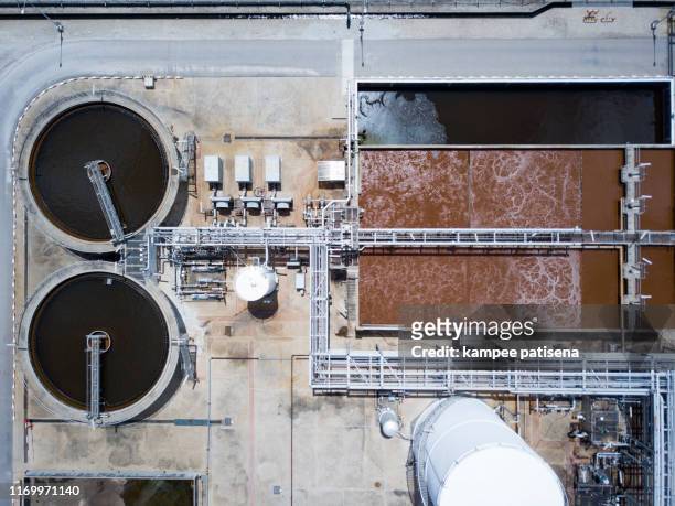 aerial view of water filtration system in the water production plant - drain cleaner fotografías e imágenes de stock