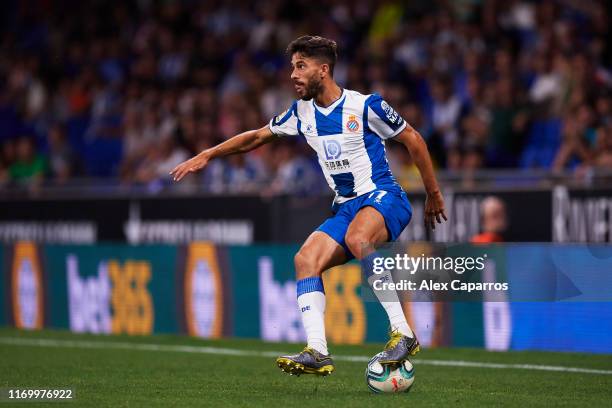 Didac Vila of RCD Espanyol controls the ball during the UEFA Europa League Play Off match between Espanyol and Zoryan Luhansk at RCDE Stadium on...