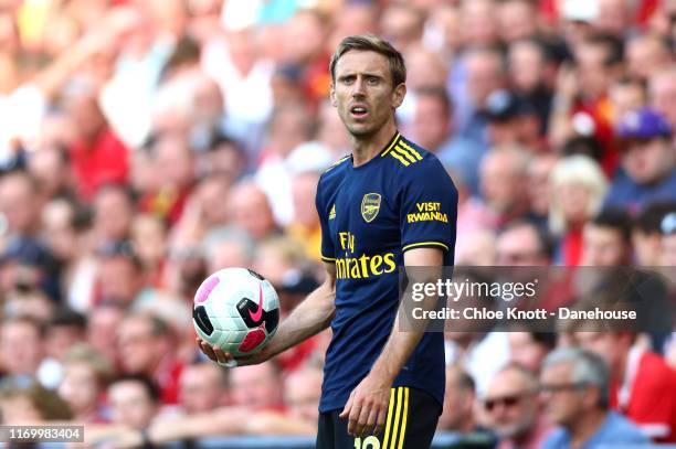 Nacho Monreal of Arsenal holds the ball during the Premier League match between Liverpool FC and Arsenal FC at Anfield on August 24, 2019 in...