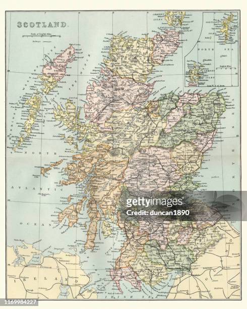 antique map of scotland and shetland islands - scotland stock illustrations stock illustrations
