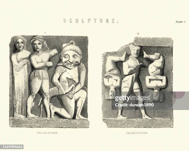 art, ancient bas relief scilptures, selinunte, ancient greek, sicily - trapani stock illustrations