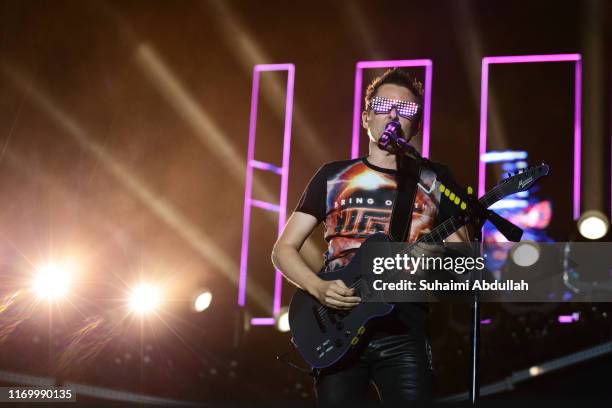 Matt Bellamy of Muse performs on stage during day two of Formula 1 Singapore Grand Prix at Marina Bay Street Circuit on September 21, 2019 in...