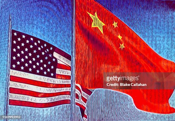 usa china flags flying - trade war illustration - diplomacy stock pictures, royalty-free photos & images