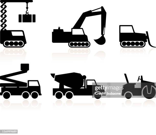 construction machines black and white royalty free vector icon set - mechanical grabber stock illustrations