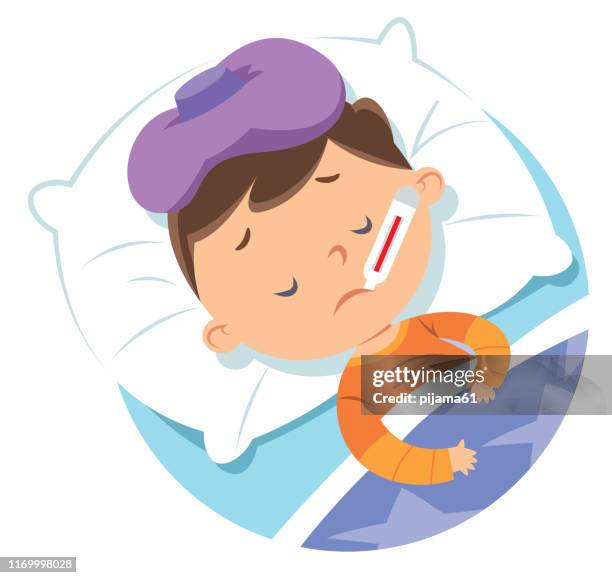 illustrazioni stock, clip art, cartoni animati e icone di tendenza di bambino malato a letto - febbre