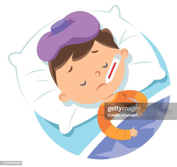stockillustraties, clipart, cartoons en iconen met ziek kind in bed - alleen één jongen