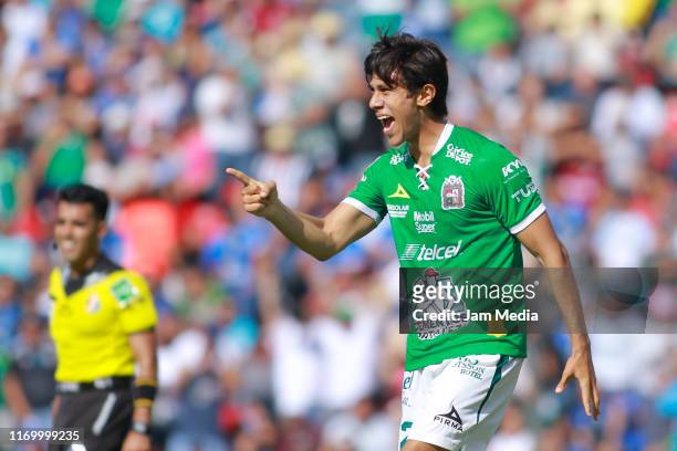 Jose Macias of Leon celebrates after scoring the first goal of his team during the 6th round match between Queretaro and Leon as part of the Torneo...