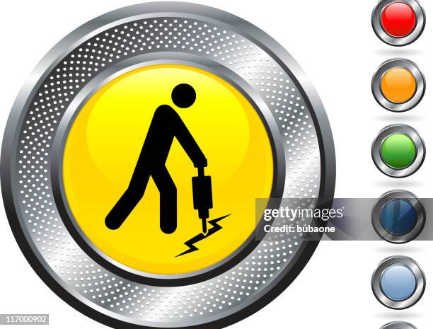 construction worker royalty free vector art on metallic button - man using drill stock illustrations