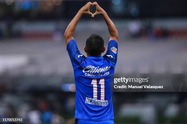 Elias Hernandez of Cruz Azul celebrates after scoring his team's first goal during the 6th round match between Cruz Azul and Puebla as part of the...