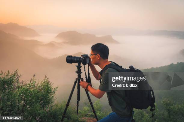 o fotógrafo profissional toma fotos com a câmera no tripé - photographer - fotografias e filmes do acervo