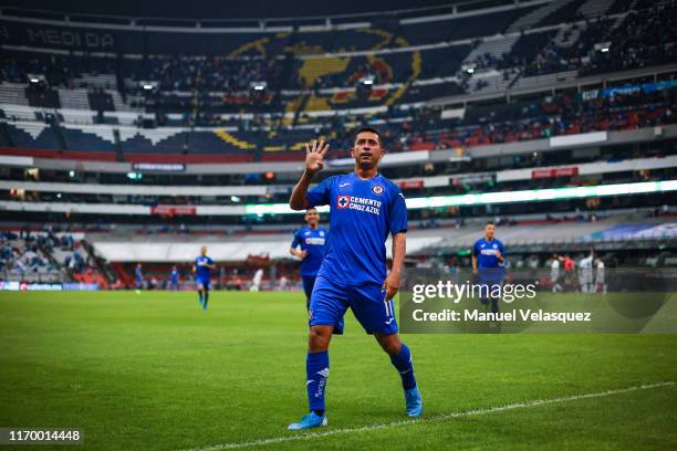 Elias Hernandez of Cruz Azul celebrates a scored goal during the 6th round match between Cruz Azul and Puebla as part of the Torneo Apertura 2019...