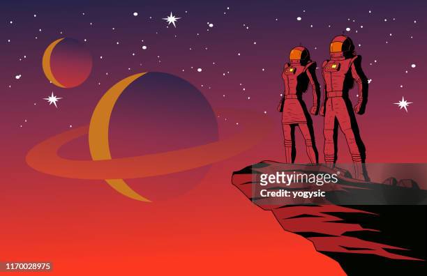 illustrazioni stock, clip art, cartoni animati e icone di tendenza di coppia di astronauti retrò vettoriale su un pianeta con illustrazione di sfondo dello spazio esterno - spazio vuoto