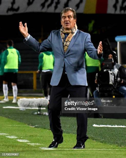 Jorge Luis Pinto, coach of Millonarios gestures, during a match between Millonarios and Deportivo Cali as part of Liga Aguila II 2019 at Estadio El...