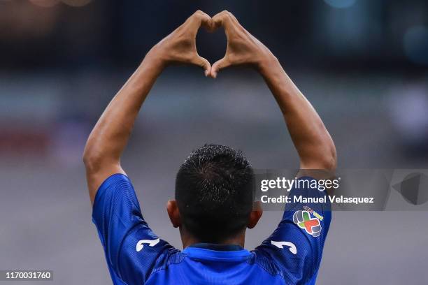 Elias Hernandez of Cruz Azul celebrates his first scored goal during the 6th round match between Cruz Azul and Puebla as part of the Torneo Apertura...