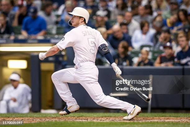 Cory Spangenberg of the Milwaukee Brewers grounds out in the sixth inning against the Arizona Diamondbacks at Miller Park on August 24, 2019 in...