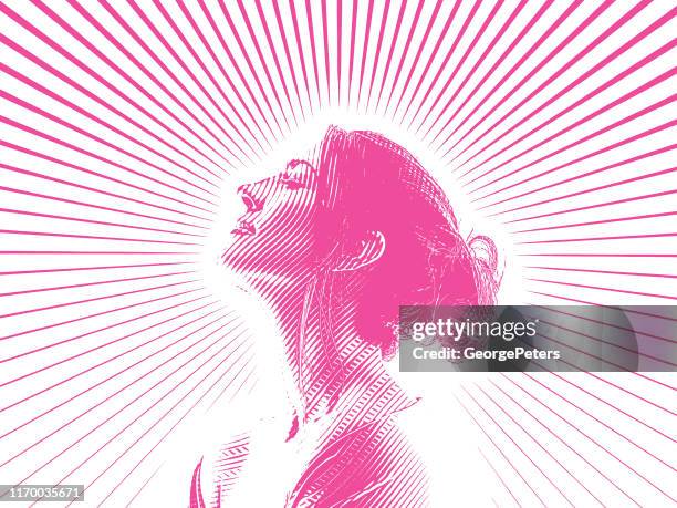 engraving portrait of beautiful young woman and morning sunlight - messy bun stock illustrations