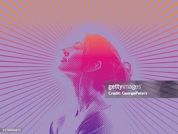 engraving portrait of beautiful young woman and morning sunlight - messy bun stock illustrations