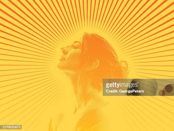 ilustraciones, imágenes clip art, dibujos animados e iconos de stock de retrato de grabado de hermosa mujer joven y luz solar de la mañana - messy bun