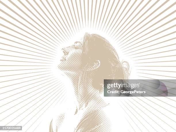 engraving portrait of beautiful young woman and morning sunlight - messy bun stock illustrations