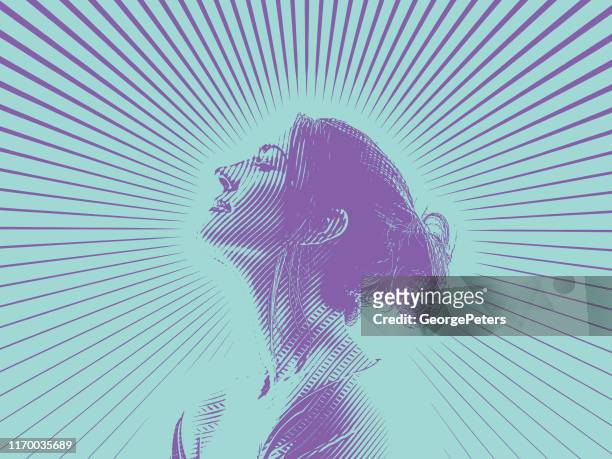 ilustraciones, imágenes clip art, dibujos animados e iconos de stock de retrato de grabado de hermosa mujer joven y luz solar de la mañana - messy bun