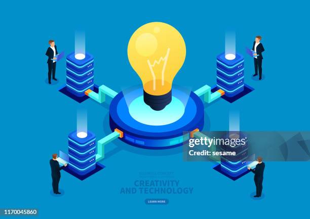 ilustraciones, imágenes clip art, dibujos animados e iconos de stock de tecnología digital comercial isométrica y creatividad - técnicos especialistas de laboratorio