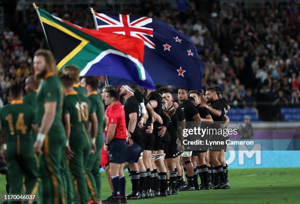 Teams line up before the Rugby World Cup 2019 Group B game between New Zealand and South Africa at International Stadium Yokohama on September 21,...