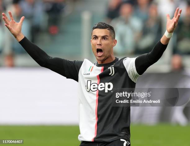 Cristiano Ronaldo of Juventus reacts during the Serie A match between Juventus and Hellas Verona at Allianz Stadium on September 21, 2019 in Turin,...
