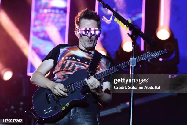 Matt Bellamy of Muse performs on stage during day two of Formula 1 Singapore Grand Prix at Marina Bay Street Circuit on September 21, 2019 in...