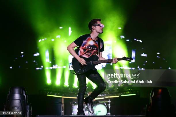 Matt Bellamy of Muse performs on stage during day two of Formula 1 Singapore Grand Prix at Marina Bay Street Circuit on September 21, 2019 in...