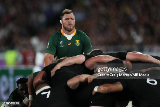 Duane Vermeulen of South Africa prepares to pack down for a scrum during the Rugby World Cup 2019 Group B game between New Zealand and South Africa...