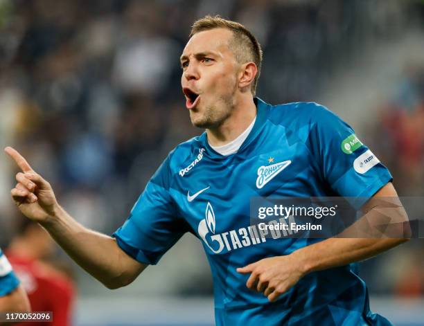 Artem Dzyuba of FC Zenit Saint Petersburg celebrates his goal during the Russian Premier League match between FC Zenit Saint Petersburg and FC Rubin...