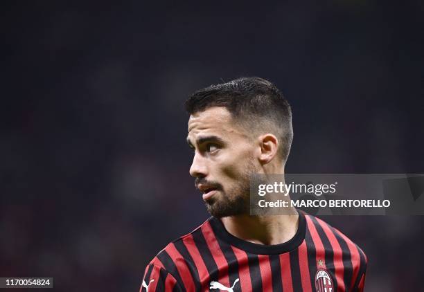 Milan's Spanish forward Suso looks on during the Italian Serie A football match AC Milan vs Inter Milan on September 21, 2019 at the San Siro stadium...