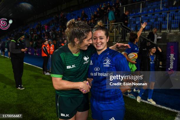 Dublin , Ireland - 21 September 2019; Grace Miller of Leinster and Alison Miller of Connacht following the Women's Interprovincial Championship Final...