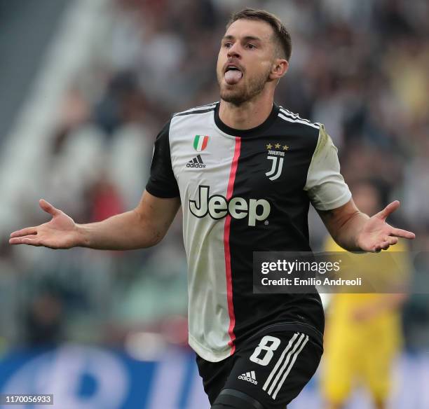 Aaron Ramsey of Juventus celebrates his goal during the Serie A match between Juventus and Hellas Verona at Allianz Stadium on September 21, 2019 in...